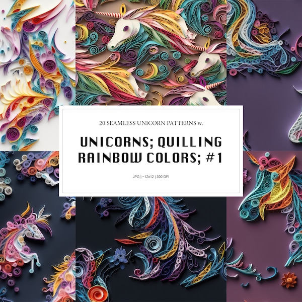 20 seamless unicorn & rainbow inspired quilling patterns #1: Crafting, Textile Design, Backgrounds, Print, Digital scrapbooking