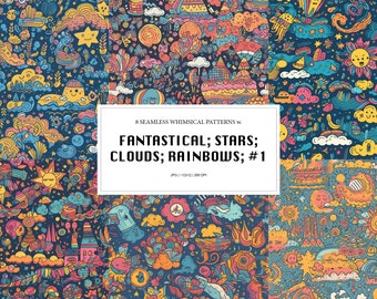8  whimsical-patterns (seamless) 1: fantastical objects, stars, clouds, rainbows, colorful DIY, Crafting, Textile Design, Backgrounds, Print