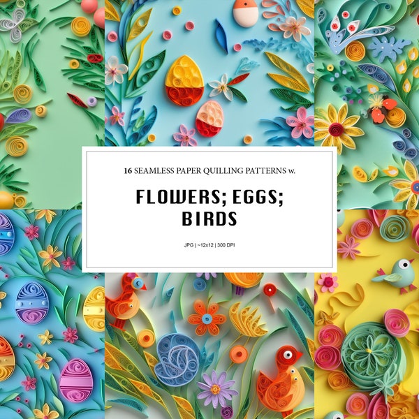 16 seamless flowers eggs and birds quilling patterns #1: spring, Easter. Crafting, Textile Design, Backgrounds, Print, Digital scrapbooking