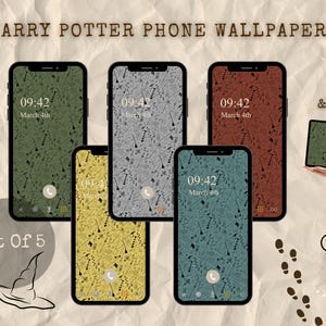 May include: Set of five Harry Potter phone wallpapers featuring a green, gray, yellow, teal, and red background with a pattern of wands and stars. The wallpapers are displayed on five different phone screens with the time 09:42 and the date March 4th displayed on each screen. The text "& iPad" is also displayed in the image.