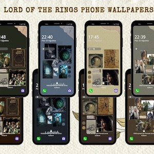 May include: Four phone screen mockups with Lord of the Rings themed wallpapers. The wallpapers feature images from the movies and books, including the One Ring, Gandalf, and the Shire. The time and date are displayed on each screen.