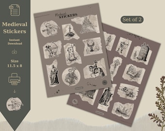 Hoja de pegatinas medievales: pegatinas de fantasía vintage, planificador de álbumes de recortes