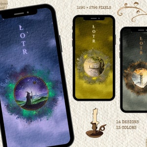 May include: Three phone screen mockups with different watercolor backgrounds and illustrations. The backgrounds are purple, yellow, and gray. The illustrations are a wizard in a forest, a tree with a bridge, and a tower with a flame. The text "LOTR" is written vertically on each mockup.