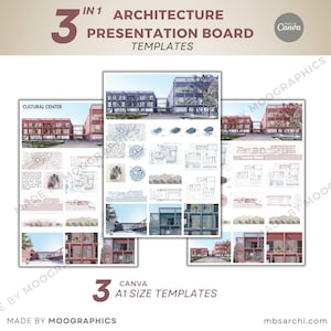 May include: Three architecture presentation board templates with the text "3 in 1 Architecture Presentation Board Templates" and "Canva A1 Size Templates". The boards showcase architectural designs, including building renderings and floor plans. The image is branded with "Made by Moographics".