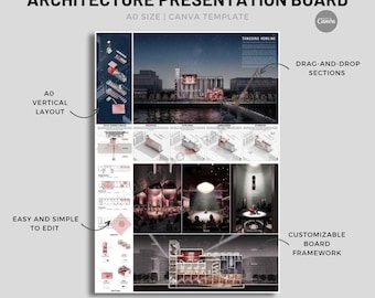 Plantilla para panel de presentación de arquitectura, formato vertical A0, para portafolio de Canva (descarga digital)