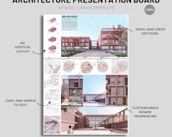 Plantilla para panel de presentación de arquitectura, formato vertical A0, para portafolio de Canva (descarga digital)