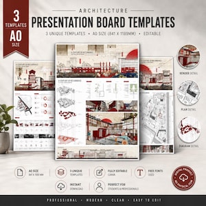 May include: Presentation board templates for architecture, featuring three unique designs. The templates are A0 size, measuring 33.1 x 46.8 inches, and are fully editable. The design includes architectural renderings and diagrams, with the text "A Century of Recurrence".