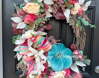 Fall Wreath: pumpkin Oval Grapevine, Designer Ribbon, teal decor front porch.