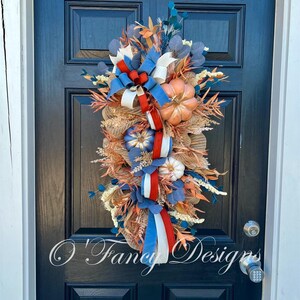 Corona de calabaza de otoño, decoración de otoño azul, adorno para puerta, decoración para puerta de entrada, corona de bienvenida para porche delantero.