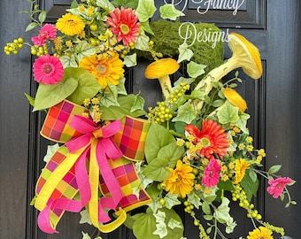 Garden Inspired Moss Wreath, Square Base, Mushrooms, Yellow Orange Green Summer Decor, Designer Ribbon