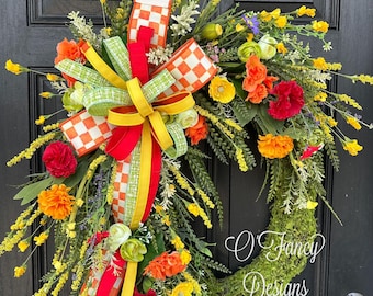 Spring Summer Wreath, Red Orange Yellow Florals, Oval Moss Base, Front Door Decor, Bright Floral Door Hanger, Front porch decor, gift