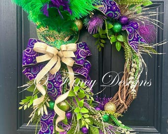 Mardi Gras Wreath,  Large Mask & Beautiful Plume Feathers, Purple Green Gold Door Decor, Lush Greenery, Ready to Ship