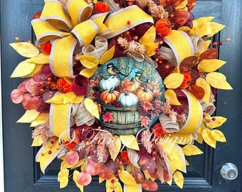 Fall Wreath: Jewel Tones, Berries, Bird Sign - Autumn Door Decor