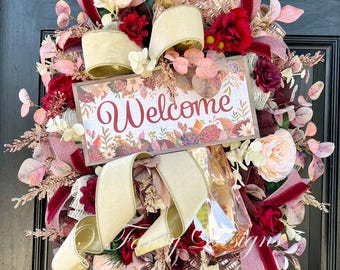 Fall Wreath,  Luxury Front Door Decor with Gold Tones & a Sparkle Gem, Autumn decor. One of a Kind, Ready to Ship!