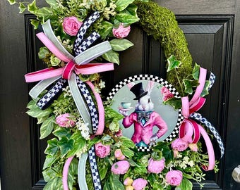 Spring, Bunny Rabbit Moss Wreath, Rabbit Sign, Designer Ribbon, Roses & Greenery, Spring Garden Door Decor, front door decor, cottage decor.