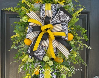 Spring Lemon Wreath, Yellow & Black Decor, Spring porch, door decor, door hanger lemons.