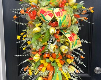 Fall Door Swag: Yellow & Orange Floral Decor with Designer Ribbon