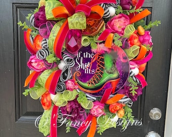 Halloween Wreath: Bright Fall Door Decor, witch boot sign and sparkly gems.