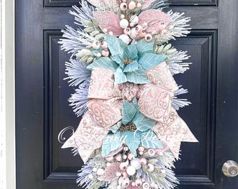 Christmas Wreath Swag, pink and sage green, designer ribbon, Poinsettia ,Holiday Door Decor, winter wreath,  gift, front porch door hanger