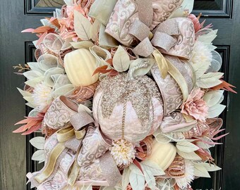 Fall wreath, fall decor, designer  ribbon, sparkle sequin pumpkin, pink swag, door hanger, mesh, pine base, thanksgiving, decor