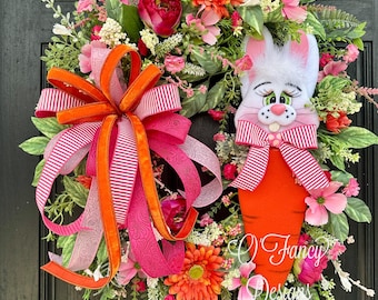Easter Wreath, grapevine base Bunny carrtt, Spring Wreath Door Hanger, Bright Floral Easter Wreath with Bunny Attachment, Front Door Decor