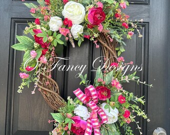 Wreath, Pink and White Spring Florals on Grapevine Base,  Front Door Decor, Cottage Garden, front porch, house warming gift. Easter.