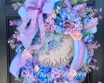 Spring Hydrangea Wreath, Front Door Decor, luxury porch decor, purple and blue, door hanger, Easter wreath, gift, house warming,