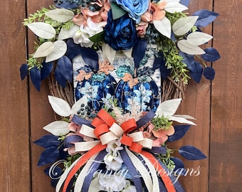 Fall Door wreath, rust and blue Grapevine swag, Autumn Decor, pumpkin wreath