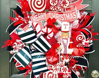 Nutcracker Christmas Wreath, Red & White Peppermint, Candy Cane Holiday Door Decor,  door hanger, holiday decor, swag, Christmas porch decor