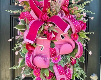 Breast Cancer Awareness Wreath with Pink Boxing Gloves, Strength, Courage & Hope Door Decoration