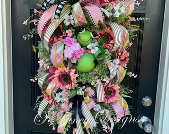 Turtle wreath, XL Pink & Green Floral door swag. Front porch decor.