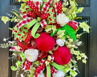 Cherry Summer Wreath, bright green and red full swag, Front Door Decor, Patio Wreath, Summer Door Hanger, Cherry Home Decor, ready to ship!