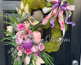 Fall Pumpkin Wreath,  Moss Base, Luxury door decor, front porch.