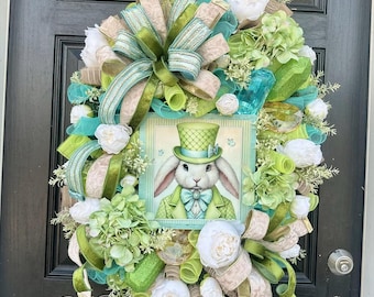 Easter Bunny Wreath, Green & Blue Bunny Sign, Sparkle Gems, Designer Ribbon, XL and stuffed for extra fullness, over the top, Ready to Ship