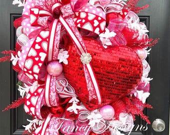 Valentine wreath, red sparkly heart, door hanger, front porch decor, gift or housewarming,  holiday wreaths, i love you, pink valentine