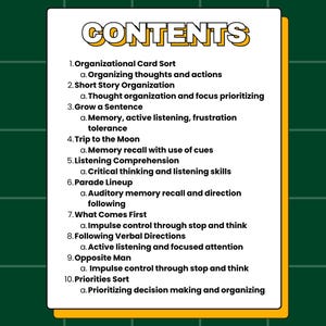 May include: A white rectangular card with a yellow border and the word "CONTENTS" in yellow text. The card lists ten numbered items with sub-points, including "Organizational Card Sort" and "Short Story Organization."