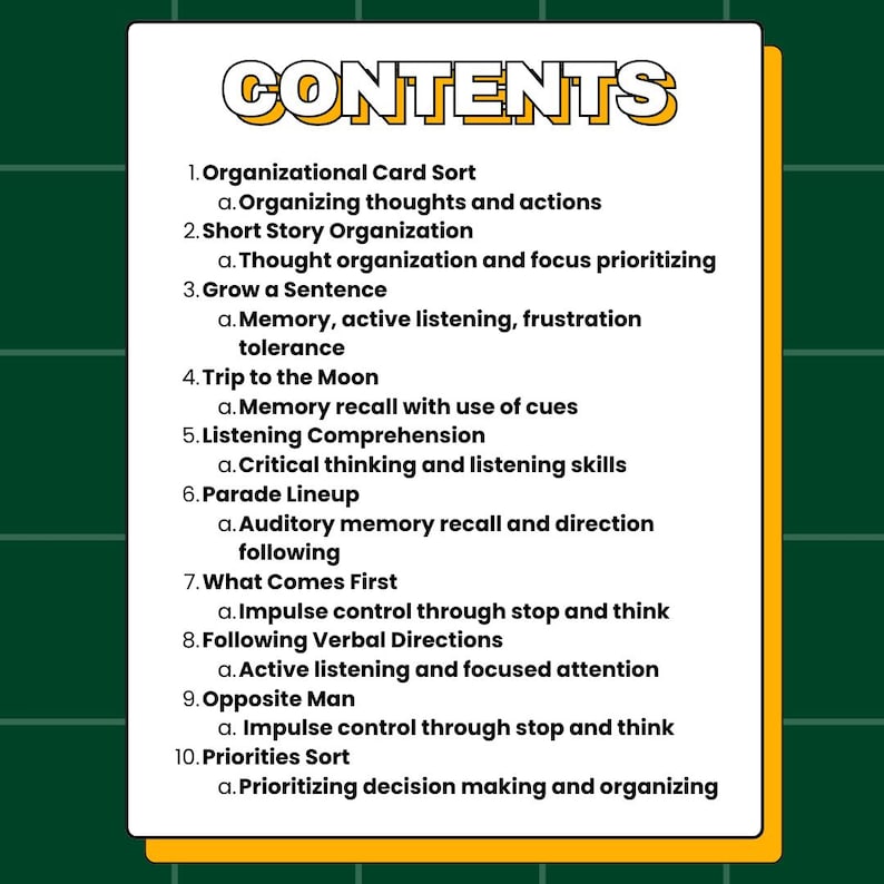May include: A white rectangular card with a yellow border and the word "CONTENTS" in yellow text. The card lists ten numbered items with sub-points, including "Organizational Card Sort" and "Short Story Organization."