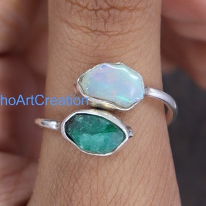 Raw Emerald Ring, Raw Opal Ring, Opal And Emerald Ring, 925 Sterling Silver Ring, Rough Stone Ring, Double Birthstone Ring, Adjustable Ring