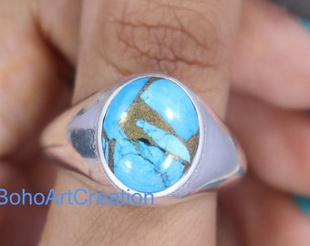 Blue Turquoise Ring, Turquoise Signet Ring, 925 Sterling Silver Ring, Men's Pinky Ring, Men Signet Ring, Index Men Ring, Statement Ring