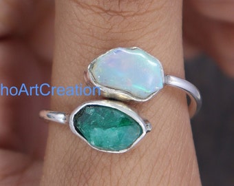 Raw Emerald Ring, Raw Opal Ring, Opal And Emerald Ring, 925 Sterling Silver Ring, Rough Stone Ring, Double Birthstone Ring, Adjustable Ring