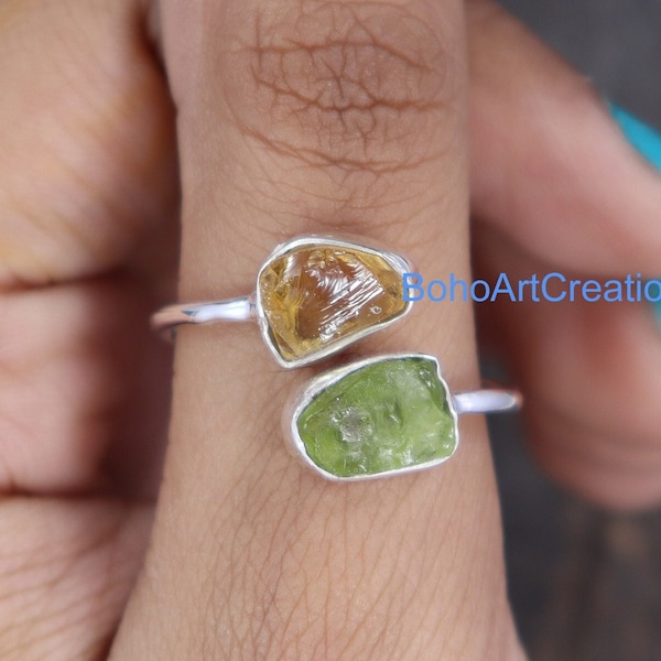 Raw Citrine Ring, Raw Peridot Ring, Raw Citrine and Peridot Adjustable Ring, 925 Sterling Silver Ring, Double Gemstone Ring, Raw Stone Ring