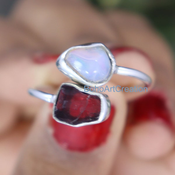 Raw Opal Ring, Raw Garnet Ring, Opal And Garnet Ring, Sterling Silver Ring, Rough Stone Ring, Double Gemstone Ring, Adjustable Women's Ring