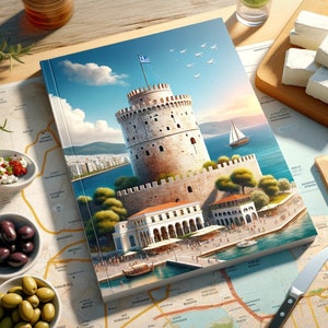 Op de afbeelding: Een kleurrijke illustratie van de Witte Toren van Thessaloniki, Griekenland, met een blauwe lucht en witte wolken. De toren is een historisch monument en een populaire toeristische bestemming. De illustratie is in vintage stijl, met een kaart van de stad op de achtergrond.