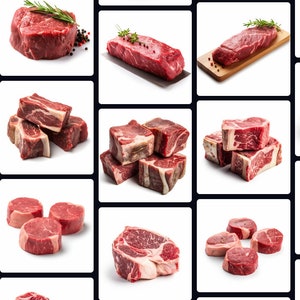 Puede incluir: Surtido de cortes de carne de res cruda, incluyendo filetes, filetes y cubos, mostrados sobre un fondo blanco.