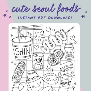 Doodle Coloring Page - Instant Download - Korean Street Food Theme