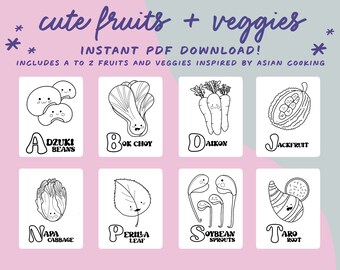 Libro para colorear del alfabeto Frutas y verduras - Descarga instantánea - De la A a la Z - Frutas y verduras asiáticas