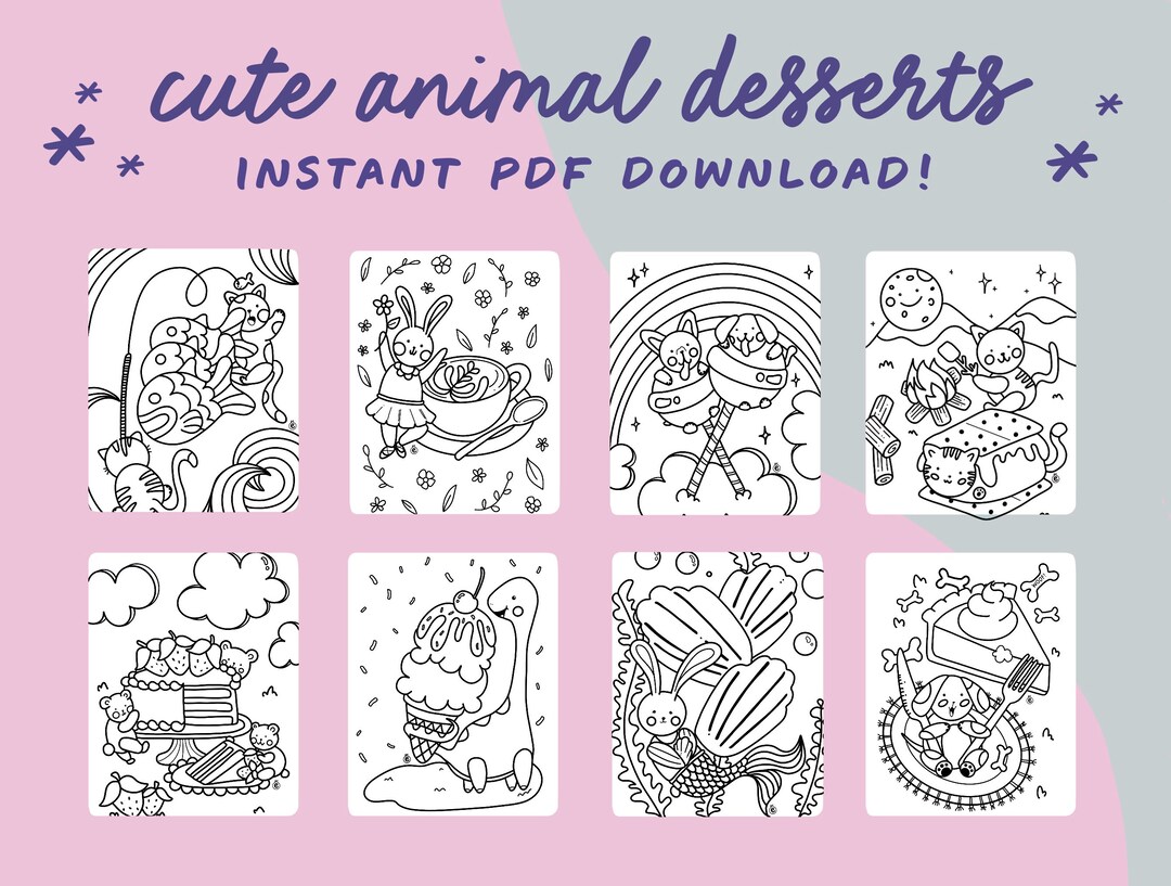 Instant Download Coloring Pages | Cute Animal Dessert Theme | Set of 8 Coloring Pages - Etsy