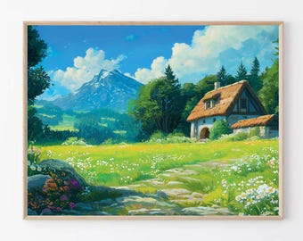 Studio Ghibli Inspired Landscape poster - Studio Ghibli Print, Hayao Miyazaki Japanese Artwork, Anime Poster art, Studio Ghibli Gift