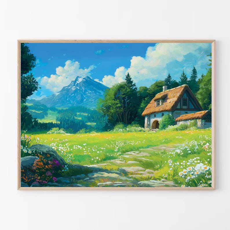 May include: A framed landscape print depicts a quaint cottage with a thatched roof nestled in a vibrant green meadow. A snow-capped mountain rises in the distance under a bright blue sky dotted with fluffy white clouds. A stone path leads to the cottage.