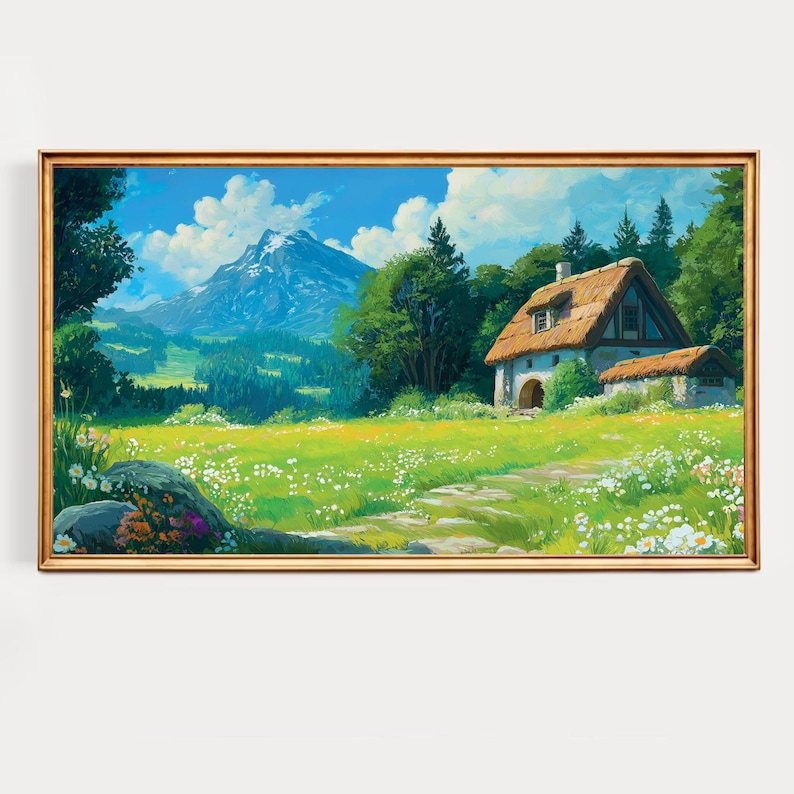 May include: A framed landscape painting depicts a quaint cottage with a thatched roof nestled in a vibrant green meadow. A stone path leads to the cottage, with a mountain in the background. The sky is blue with fluffy white clouds.